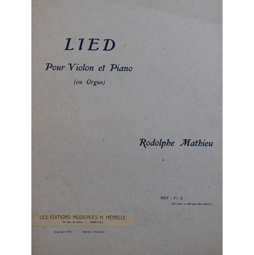 MATHIEU Rodolphe Lied Violon Piano ou Orgue 1921