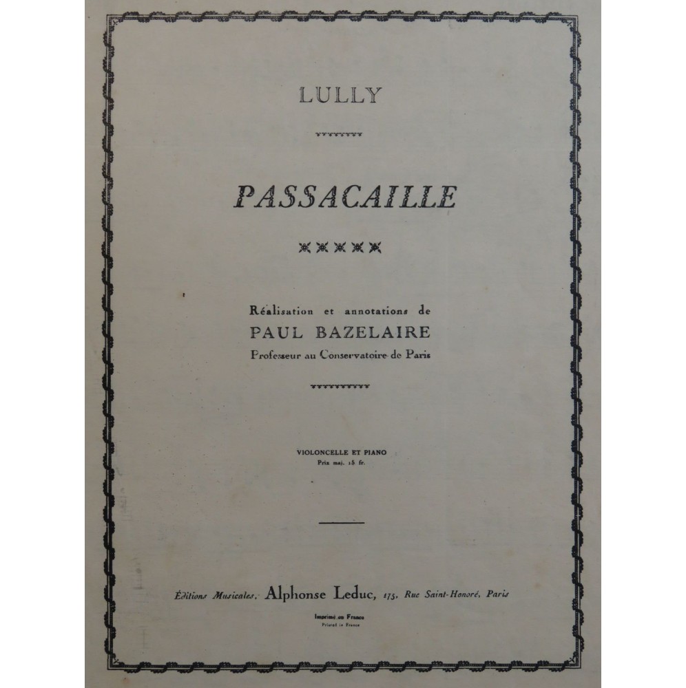 LULLY Jean-Baptiste Passacaille Piano Violoncelle 1946