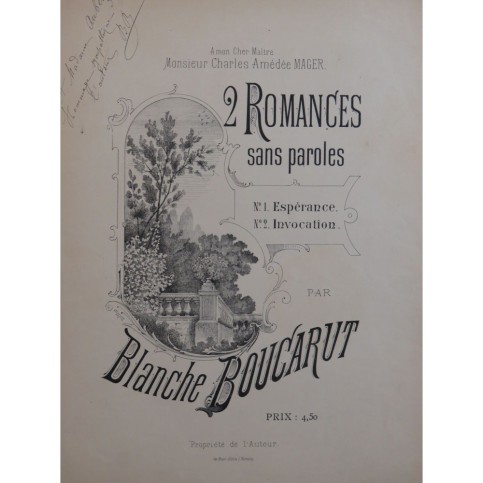 BOUCARUT Blanche 2 Romances sans paroles Dédicace Chant Piano ca1895