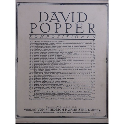 POPPER David Hohe Schule des Violoncellspiels Heft 2 Violoncelle 1902