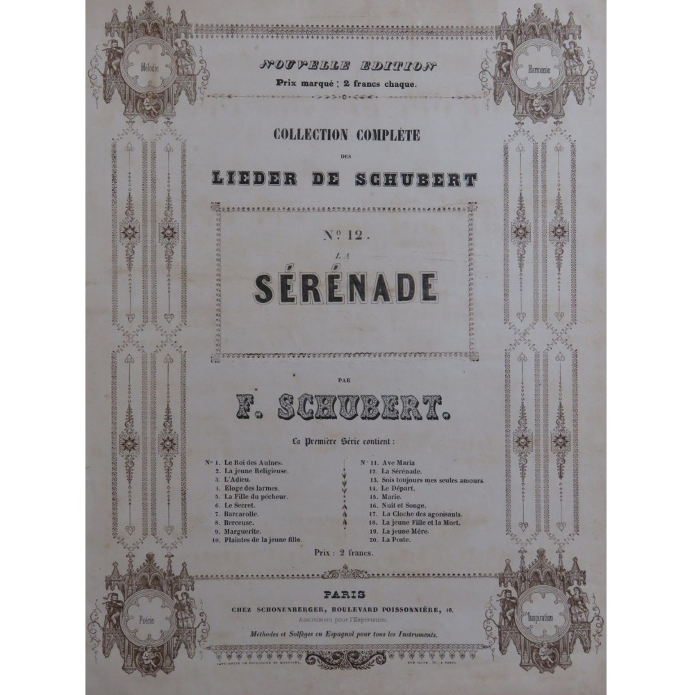SCHUBERT Franz La Sérénade Piano Chant ca1840