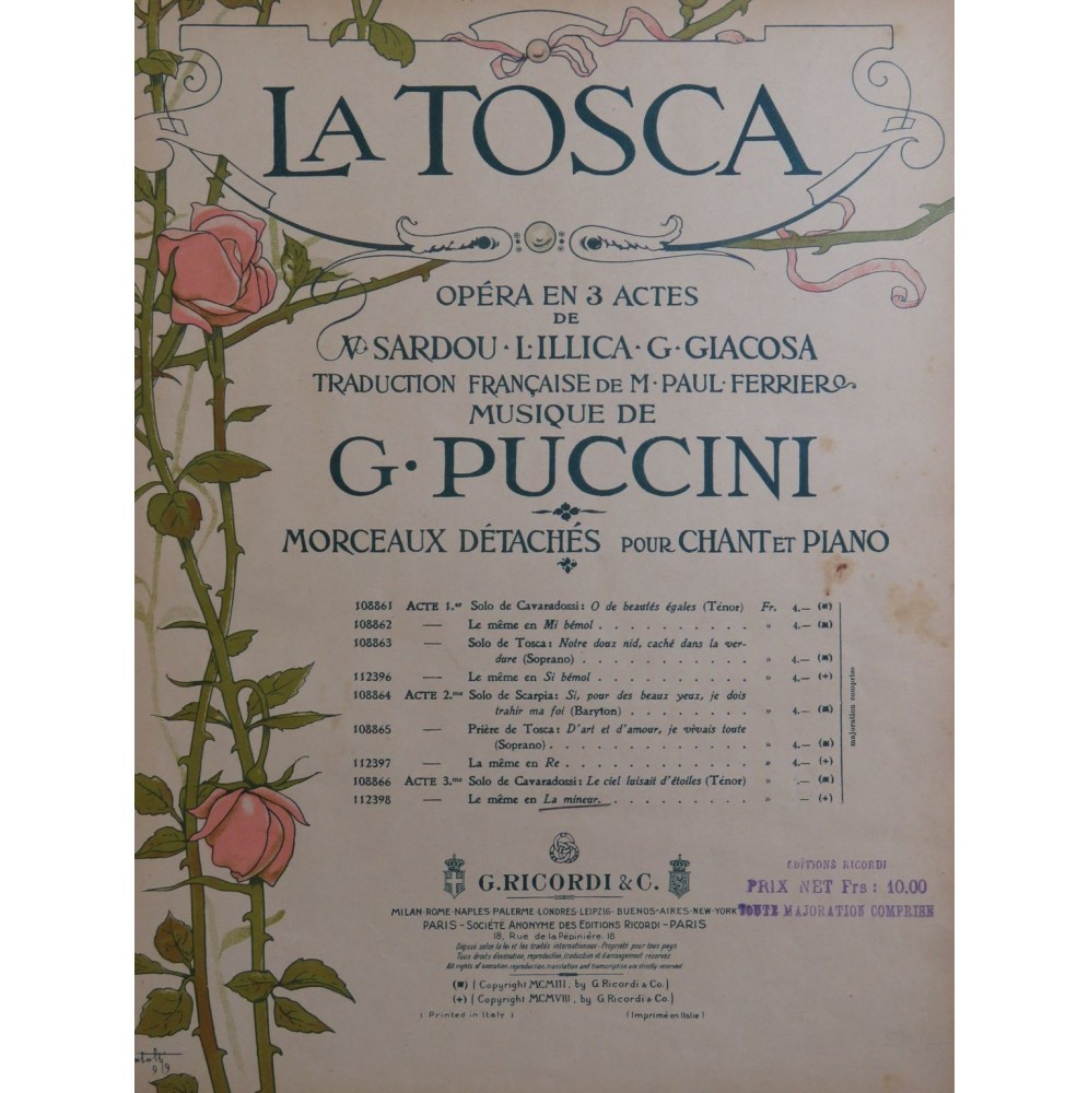 PUCCINI Giacomo La Tosca 3e Solo de Cavaradossi Chant Piano 1908