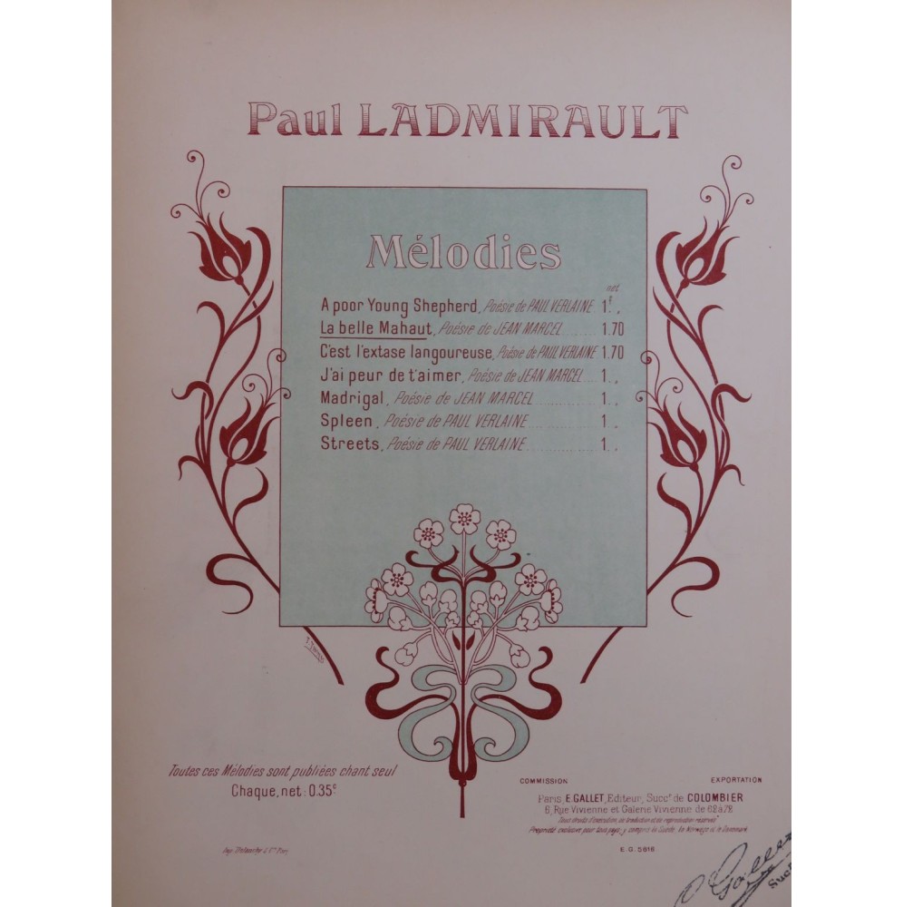 LADMIRAULT Paul La Belle Mahaut Chant Piano ca1900