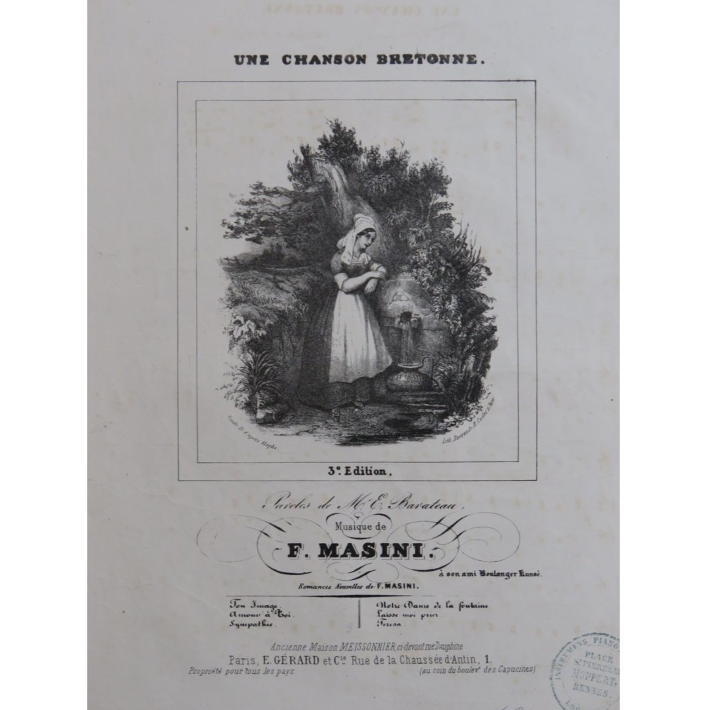 MASINI F. Une Chanson Bretonne Chant Piano ca1840