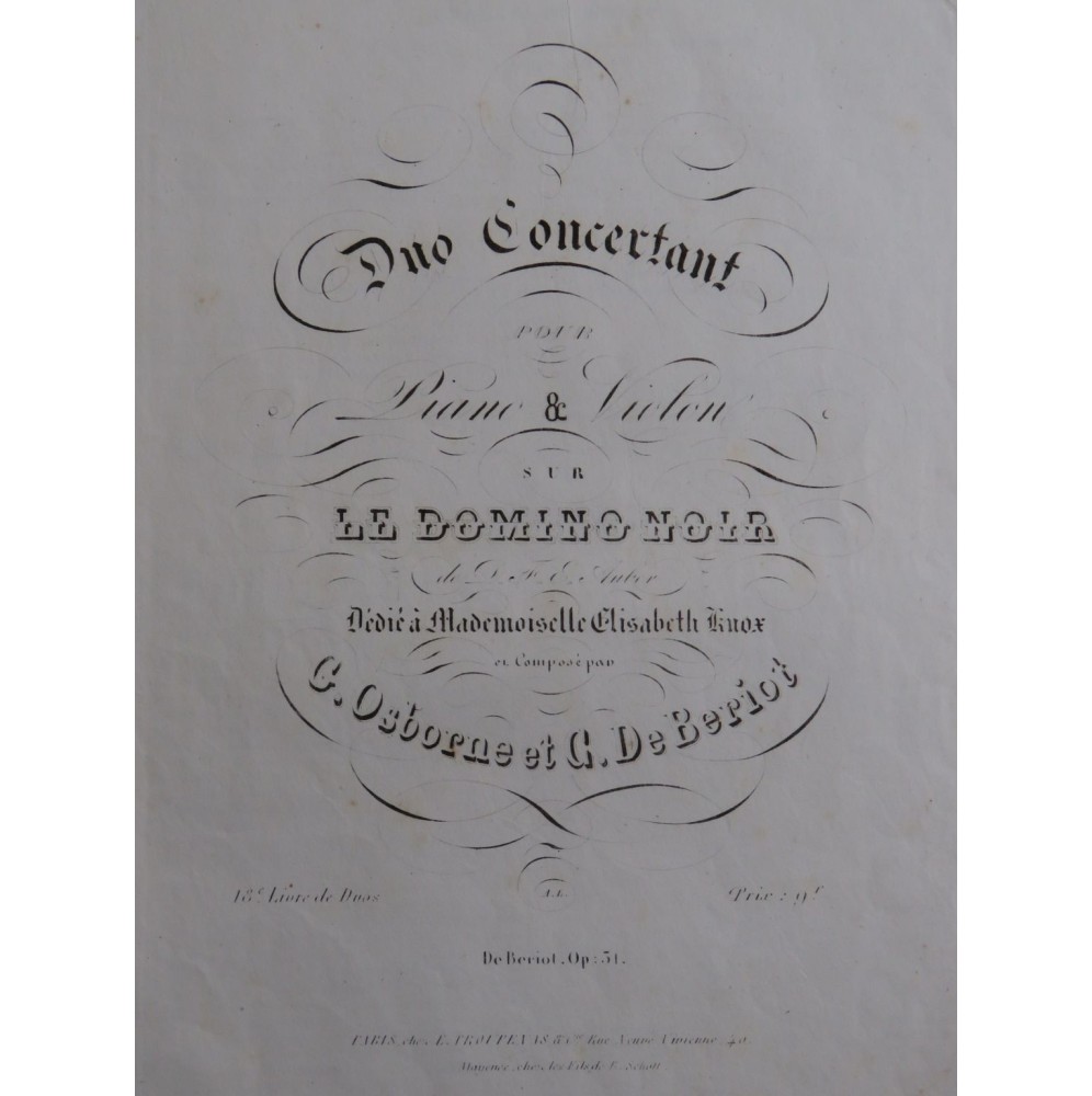 OSBORNE BÉRIOT Duo concertant Le Domino Noir Piano Violon ca1840