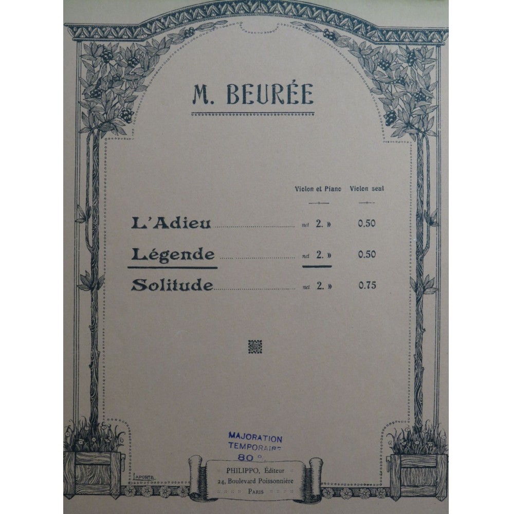 BEURÉE Maurice Légende Violon Piano ca1920