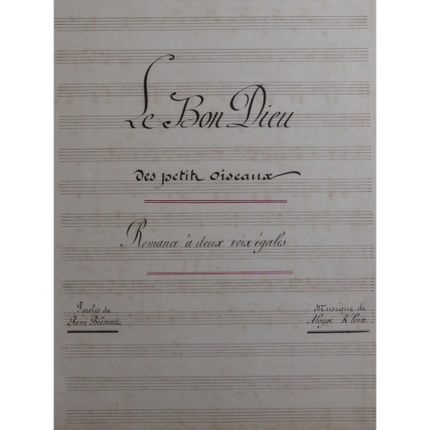 KLEIN Aloyse Le Bon Dieu des petits oiseaux Manuscrit Chant Piano XIXe