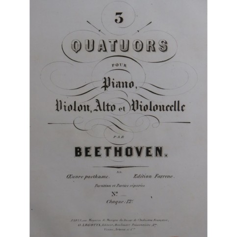 BEETHOVEN Quatuor Piano Quartet No 2 Piano Violon Alto Violoncelle ca1850