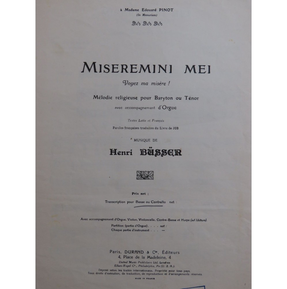 BUSSER Henri Miseremini Mei op 48 No 1 Chant Orgue 1925