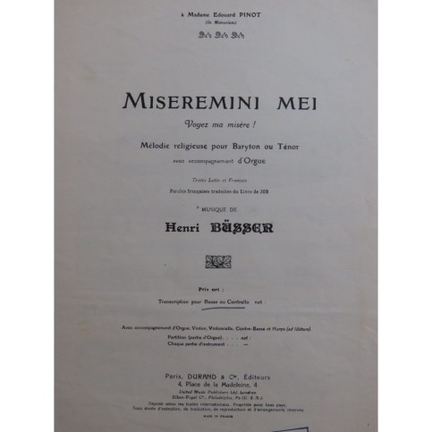 BUSSER Henri Miseremini Mei op 48 No 1 Chant Orgue 1925