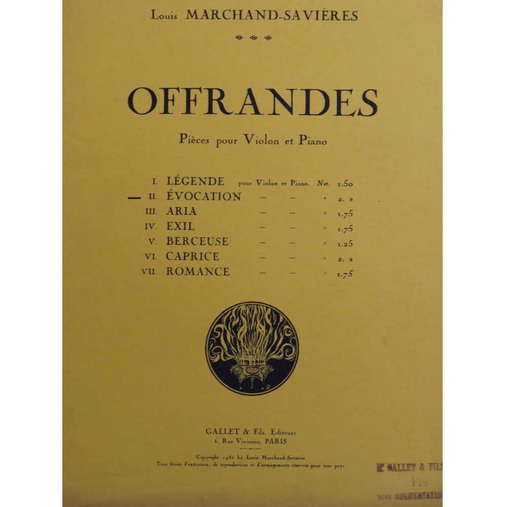 MARCHAND-SAVIÈRES Louis Évocation Violon Piano 1935