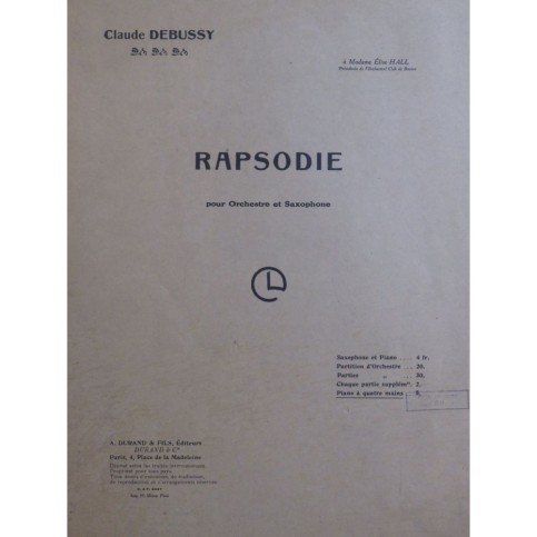 DEBUSSY Claude Rapsodie Piano 4 Mains 1919