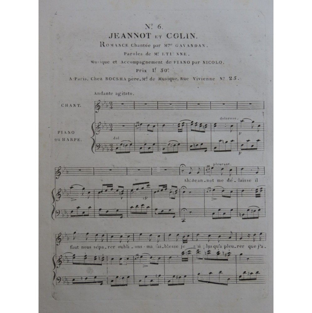 ISOUARD Nicolo Jeannot et Colin No 6 Chant Piano ou Harpe ca1820
