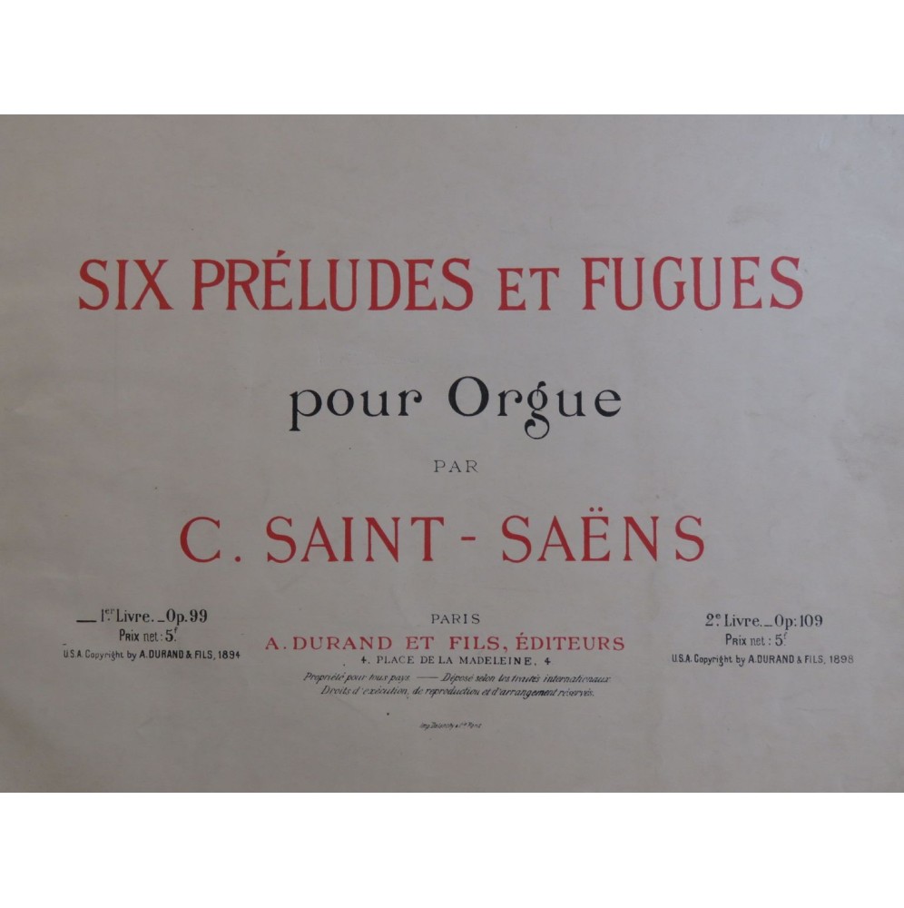 SAINT-SAËNS Camille Six Préludes et Fugues 1er Livre Orgue 1894