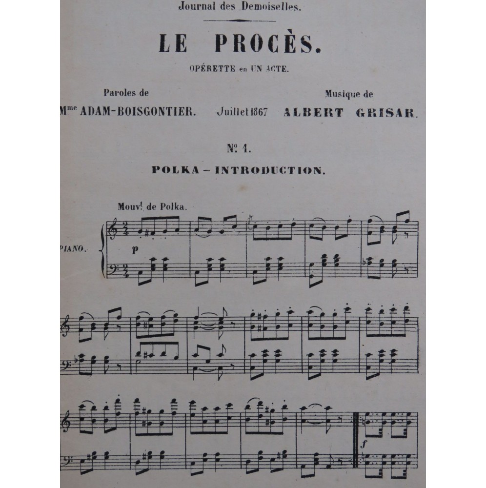 GRISAR Albert Le Procès Opérette Chant Piano 1867