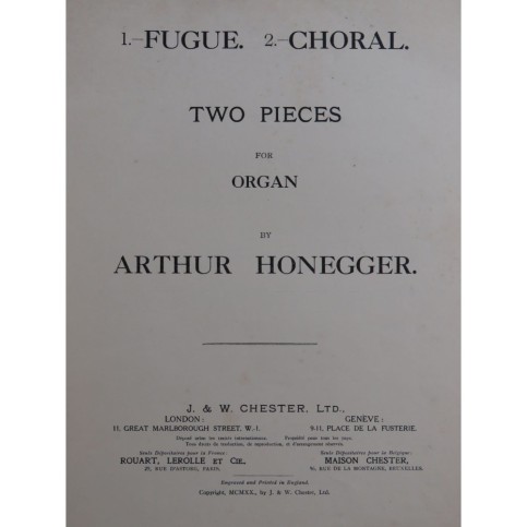 HONEGGER Arthur Two Pieces Orgue 1920