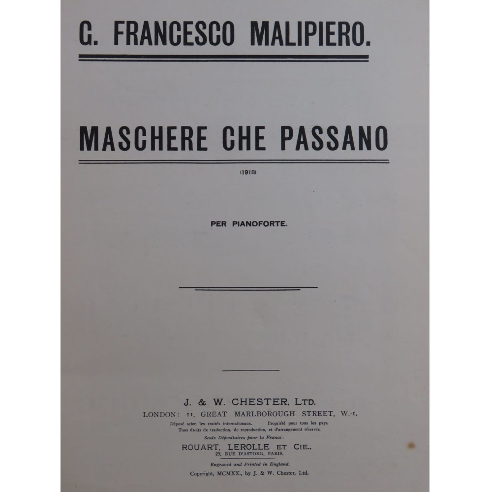 MALIPIERO Gian Francesco Maschere Che Passano Piano 1920