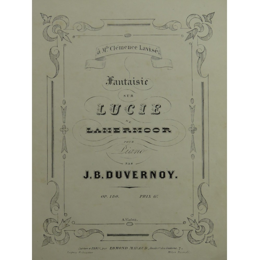 DUVERNOY J. B. Fantaisie sur Lucie Lamermoor op 180 Piano XIXe
