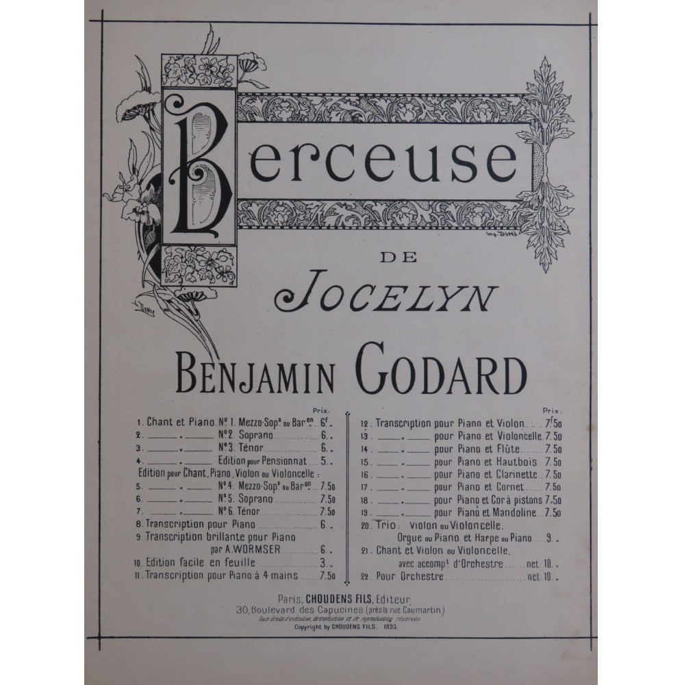 GODARD Benjamin Berceuse de Jocelyn Piano Violon ou Violoncelle 1893