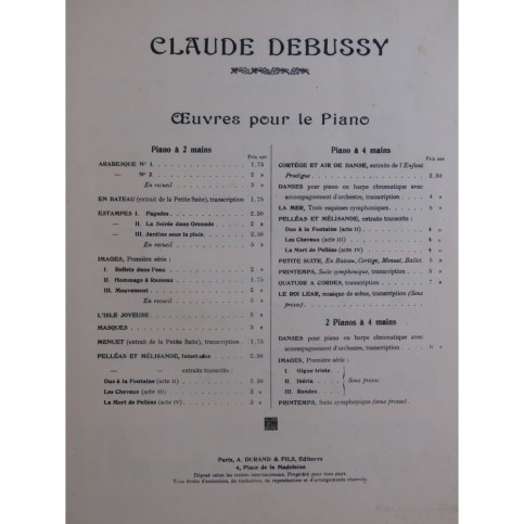 DEBUSSY Claude Petite Suite Piano 4 Mains 1904
