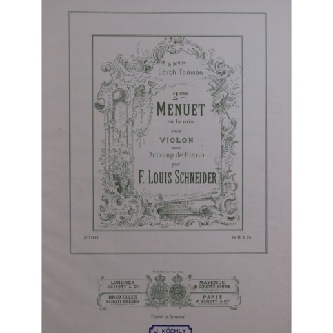 SCHNEIDER F. Louis Menuet No 2 Violon Piano ca1894