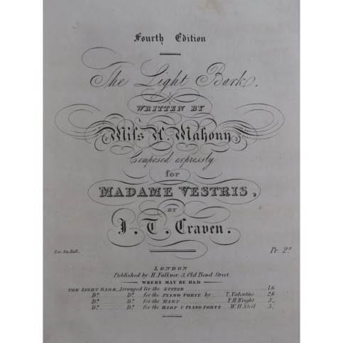 CRAVEN J. T. The Light Bark Chant Piano ca1830