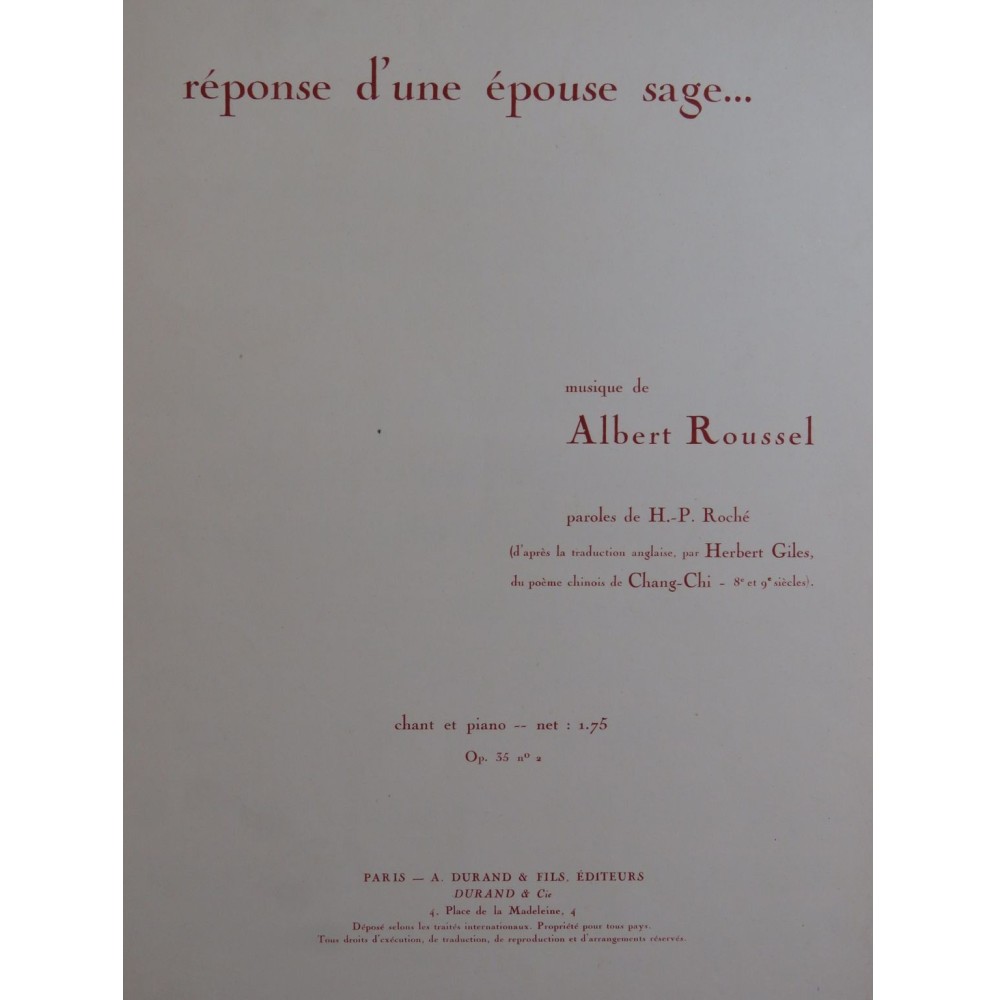 ROUSSEL Albert Réponse d'une Épouse Sage Op 35 No 2 Chant Piano 1927