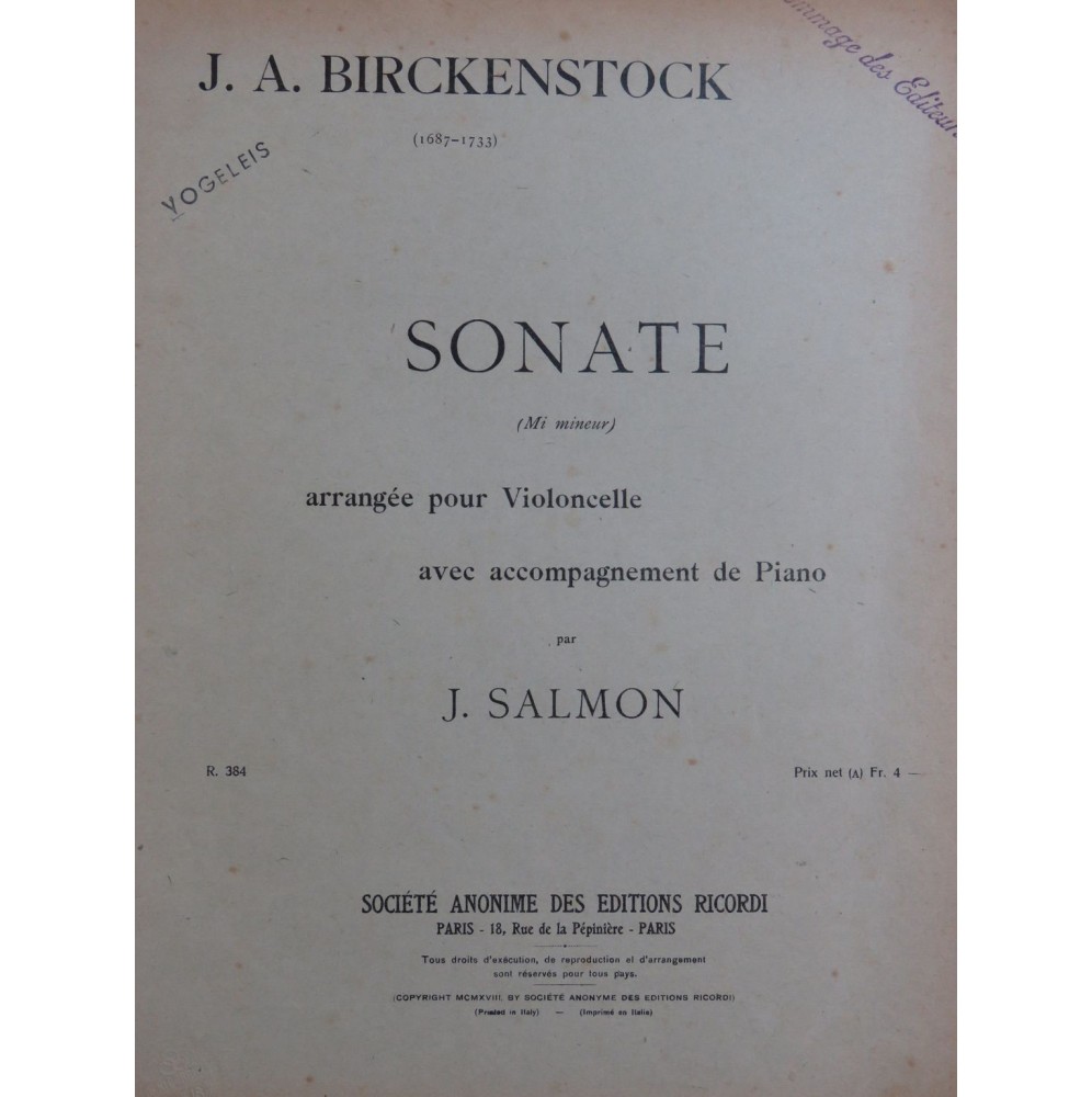 BIRCKENSTOCK J. A. Sonate Mi mineur Piano Violoncelle 1918