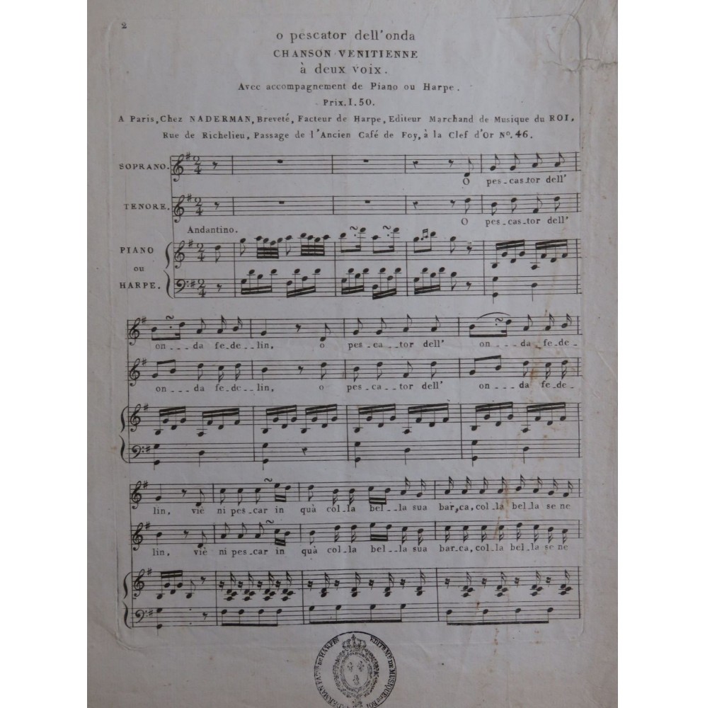 O Pescator dell'onda Chanson Vénitienne Chant Piano ou Harpe ca1820