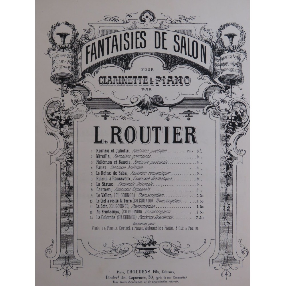 ROUTIER L. Fantaisie sur Faust de Gounod Clarinette Piano ca1888