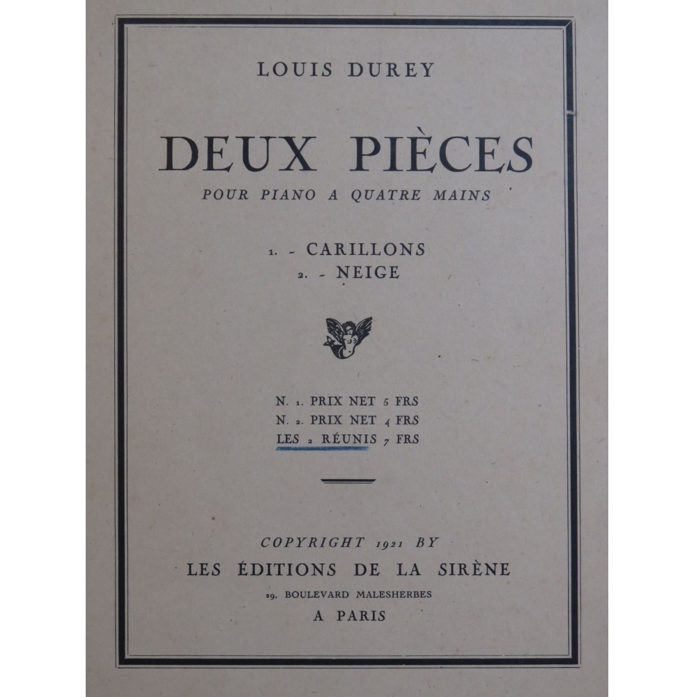 DUREY Louis Deux Pièces Piano 4 mains 1921
