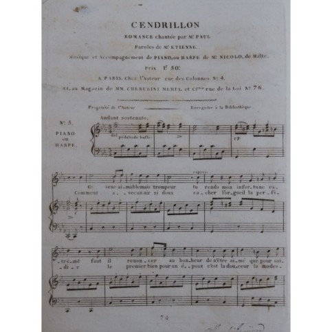 NICOLO Cendrillon No 5 Romance Chant Harpe ou Piano 1810