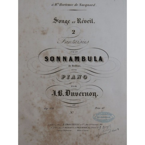 DUVERNOY J. B. Fantaisie sur La Sonnambula Bellini Piano ca1850