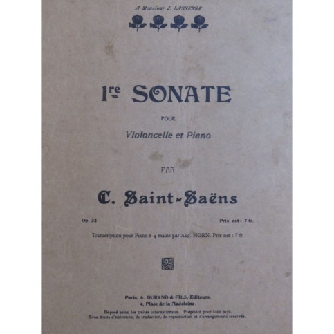 SAINT-SAËNS Camille Sonate No 1 Violoncelle Piano ca1900