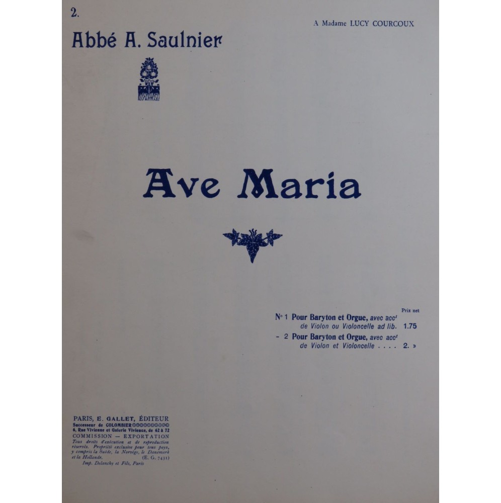 SAULNIER A. Ave Maria Chant Orgue Violon Violoncelle