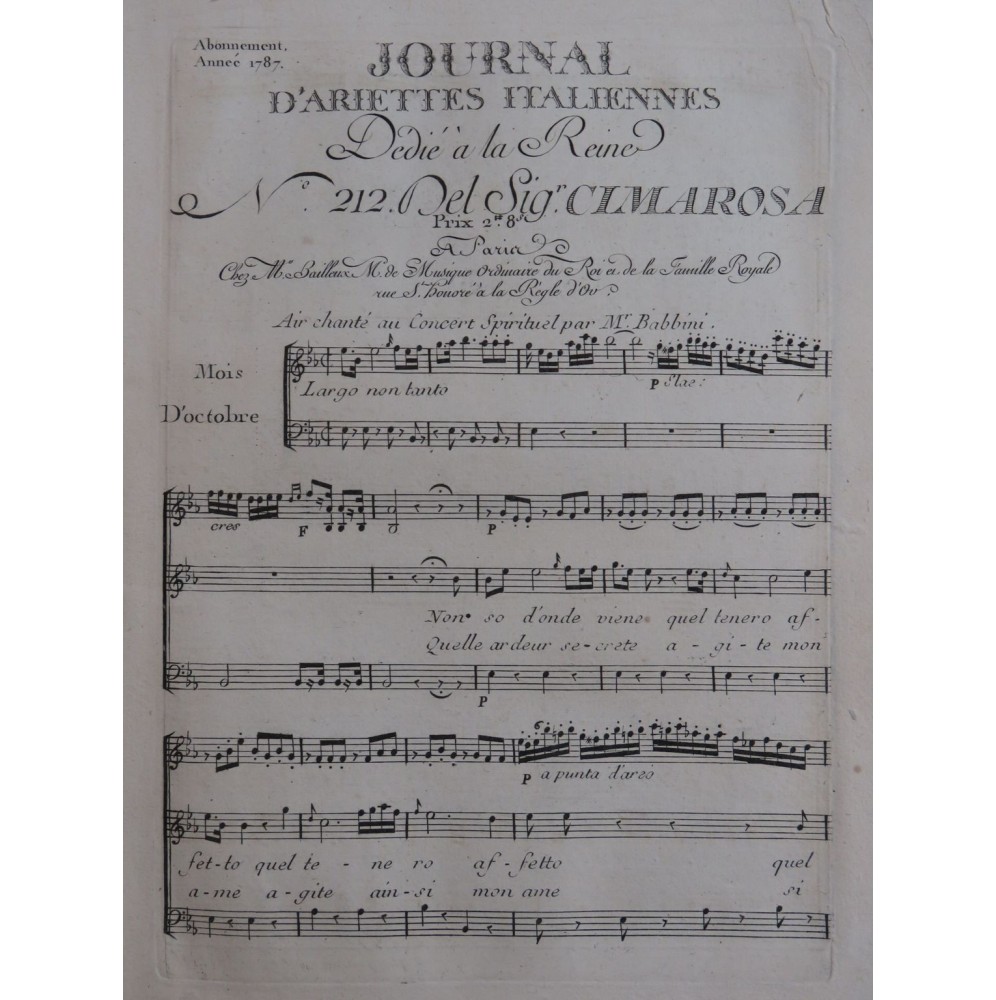 CIMAROSA Domenico Non so d'onde viene Chant Orchestre 1787