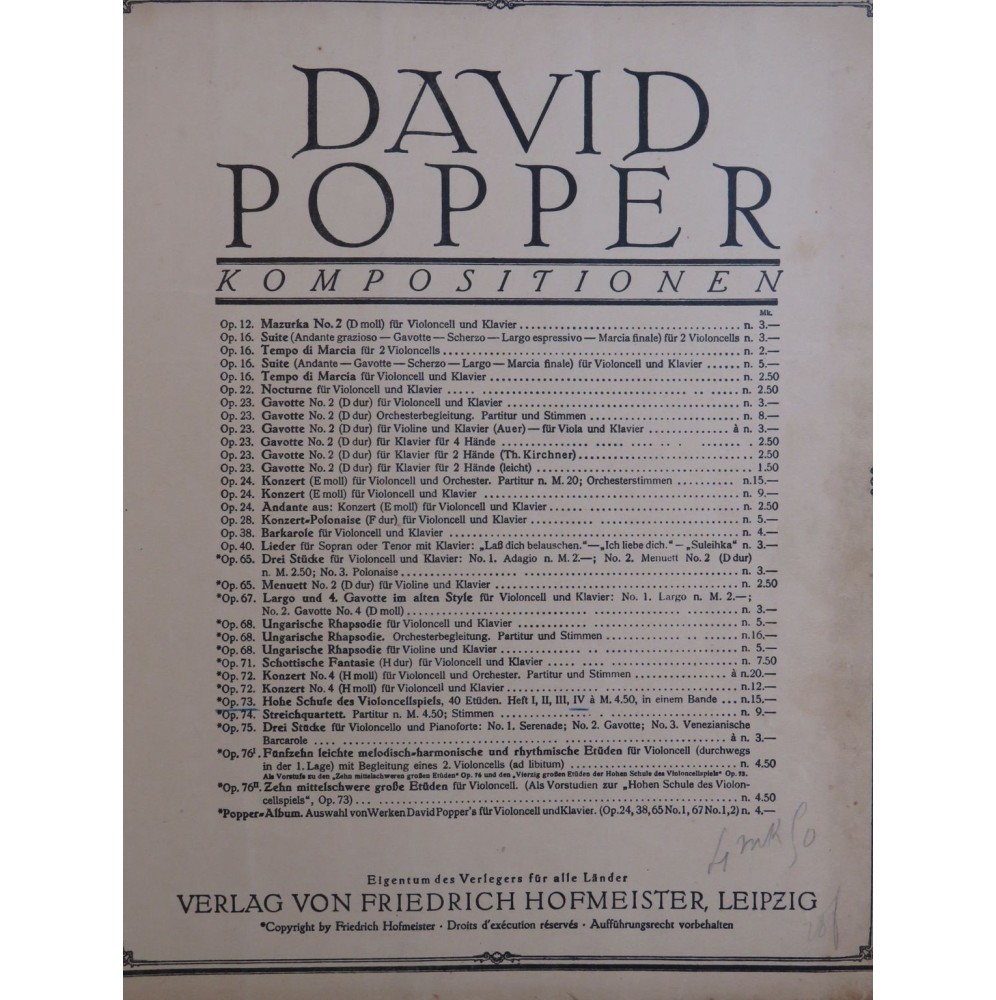 POPPER David Hohe Schule des Violoncellspiels Heft 4 Violoncelle 1905
