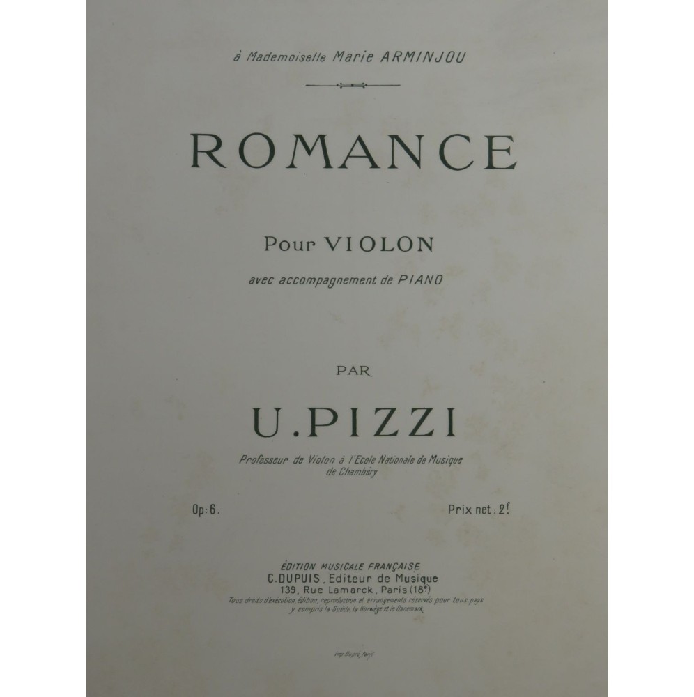 PIZZI Ugo Romance op 6 Violon Piano ca1910