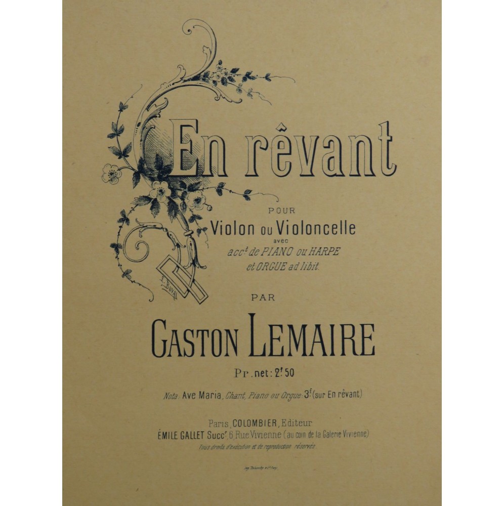 LEMAIRE Gaston En Rêvant Piano ou Harpe Violon ou Violoncelle ca1893