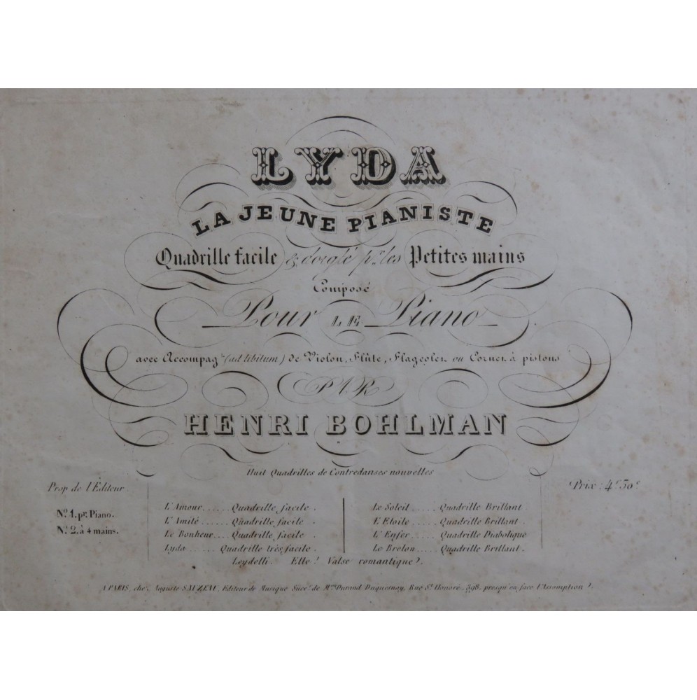 BOHLMAN Henri Lyda La Jeune Pianiste Quadrille Piano ca1850