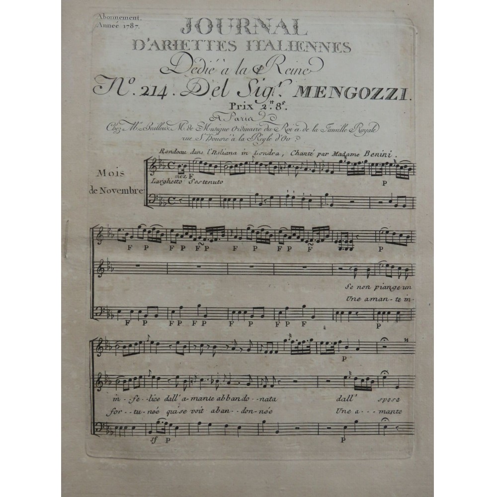 MENGOZZI Bernardo Se non piange un infelice Chant Orchestre 1787