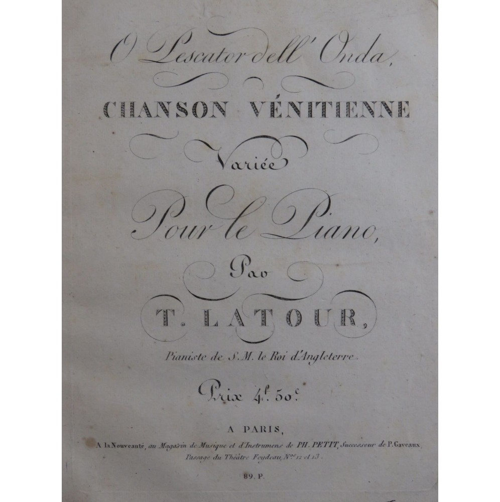 LATOUR Théodore O Pescator Dell' Onda Piano ca1820