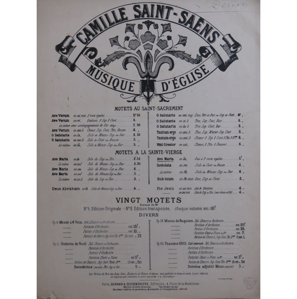 SAINT-SAËNS Camille Ave Maria Chant Orgue ca1880