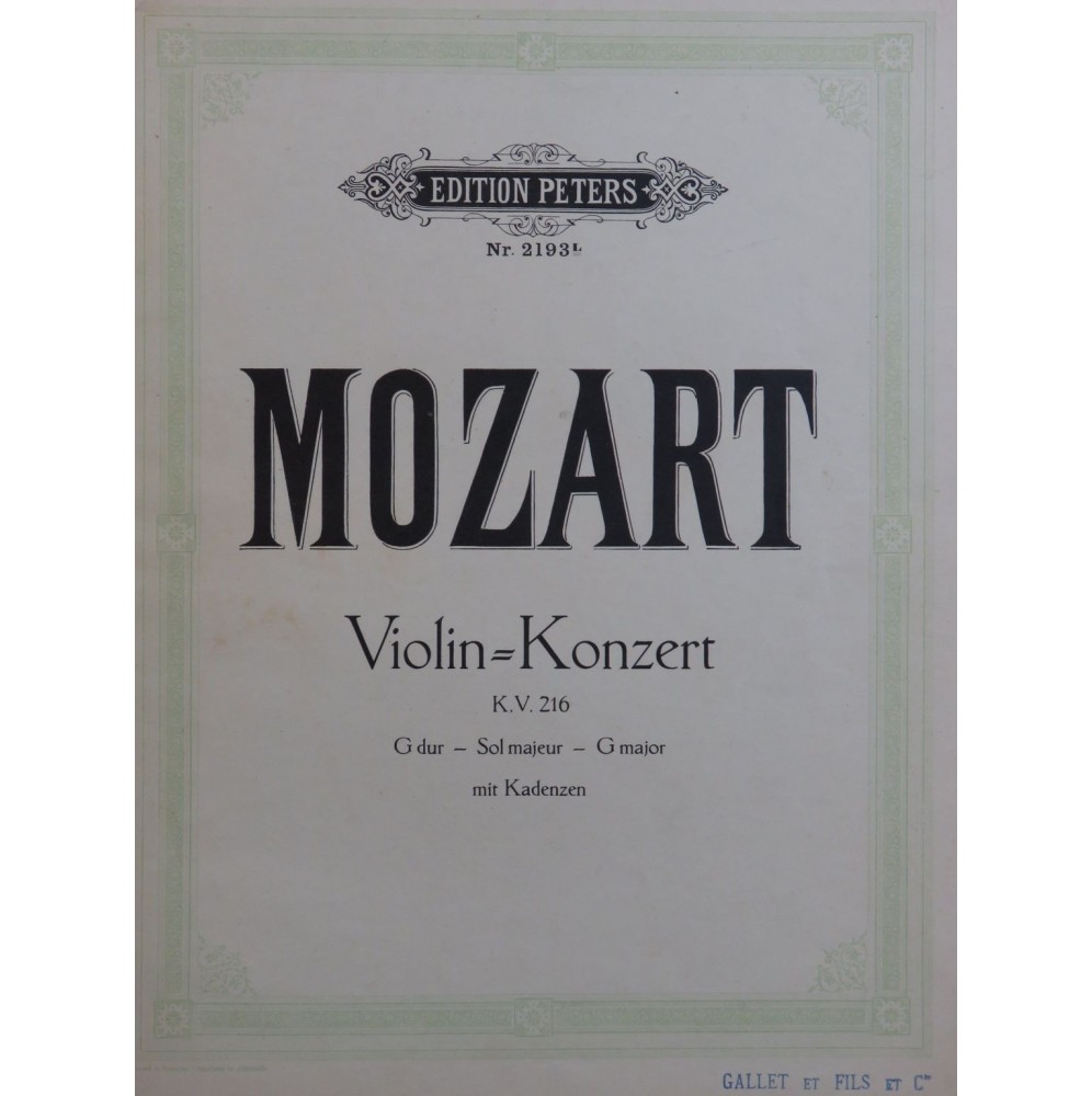 MOZART W. A. Concerto KV 216 Piano Violon