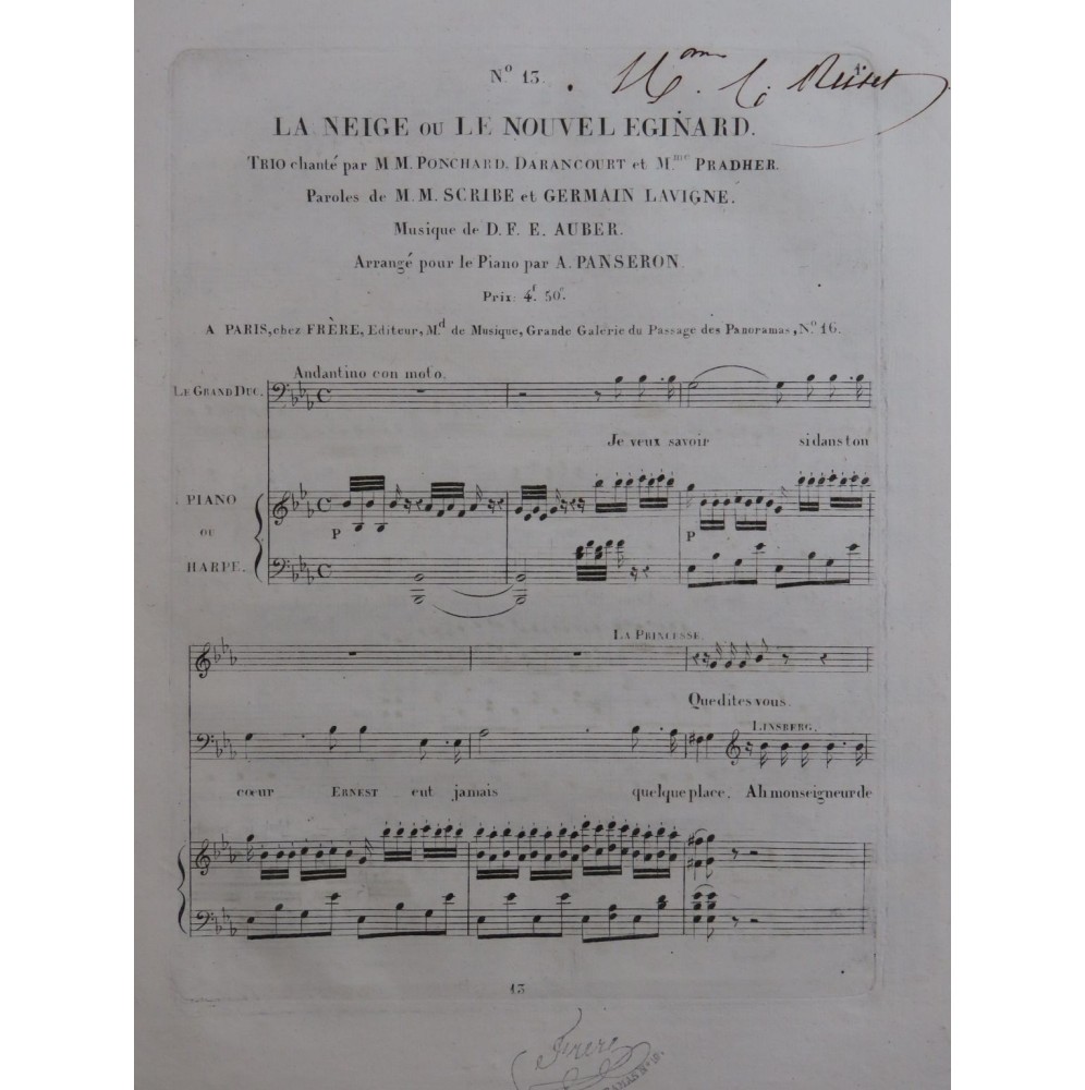 AUBER D. F. E. La Neige ou Le Nouvel Eginard No 13 Chant Harpe ou Piano ca1825