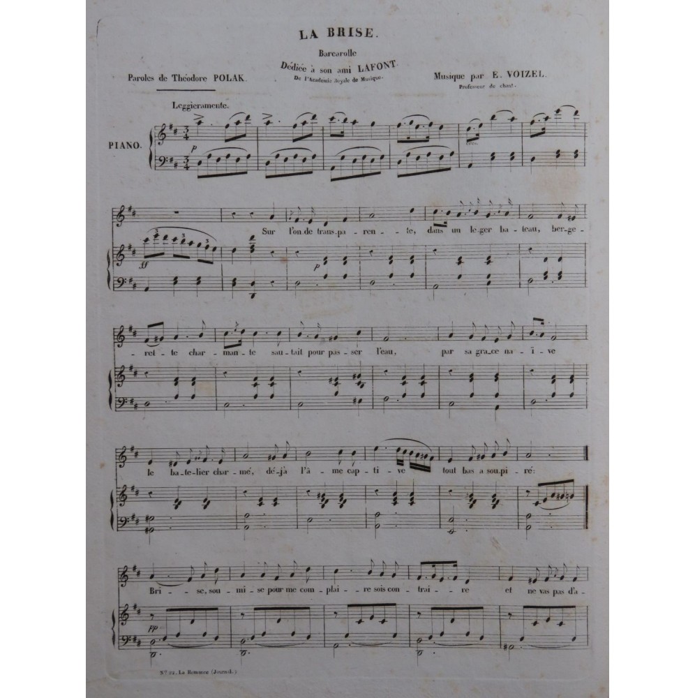 VOIZEL E. La Brise Chant Piano ca1830
