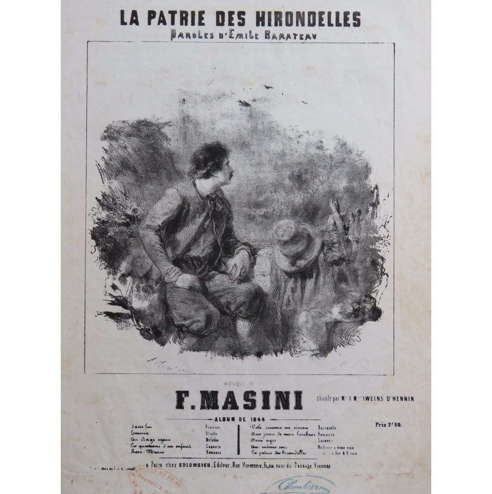 MASINI F. La Patrie des Hirondelles Chant Piano 1844