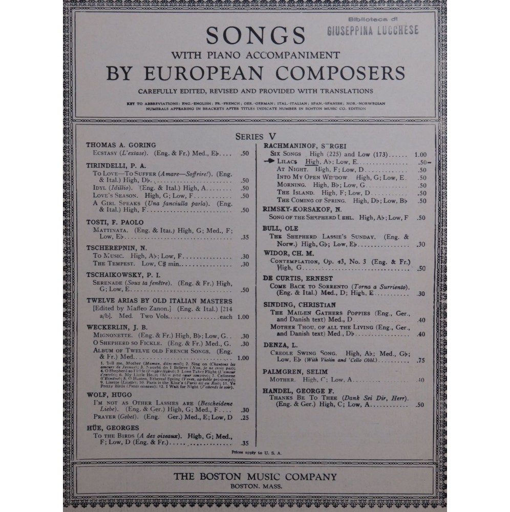 RACHMANINOF Sergei Lilacs Chant Piano 1919