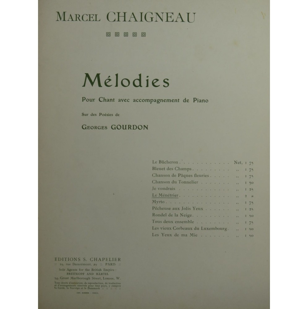 CHAIGNEAU Marcel Le Ménétrier Chant Piano
