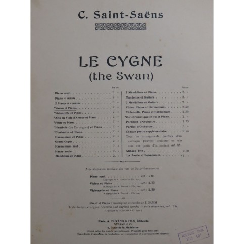 SAINT-SAËNS Camille Le Cygne Violon Piano ca1907